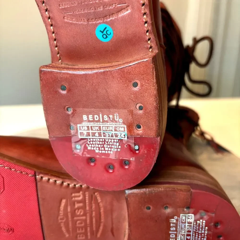 BED STU Fen Women's Leather Lace Up Combat Boots Studded Cognac Brown US 7 NWT